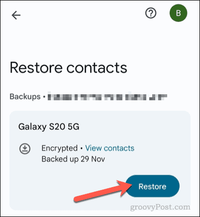 Восстановить резервную копию контактов в приложении Google Контакты