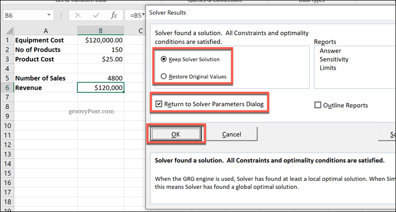 Окно результатов Excel Solver
