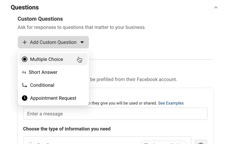 Объявления для потенциальных клиентов в facebook создают новую опцию формы для лидов, чтобы добавить пользовательское меню вопросов с опциями для множественного выбора, короткого ответа, условного запроса или запроса на встречу