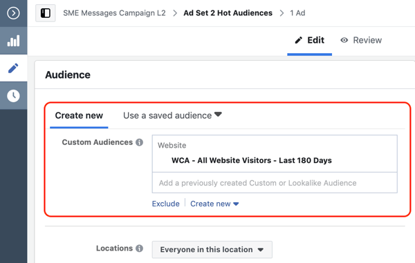 Как конвертировать посетителей сайта с помощью рекламы в Facebook Messenger, шаг 2, создать индивидуальную аудиторию сайта