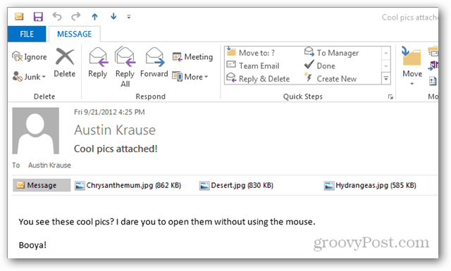 Как открыть вложения в Outlook 2013 без мыши