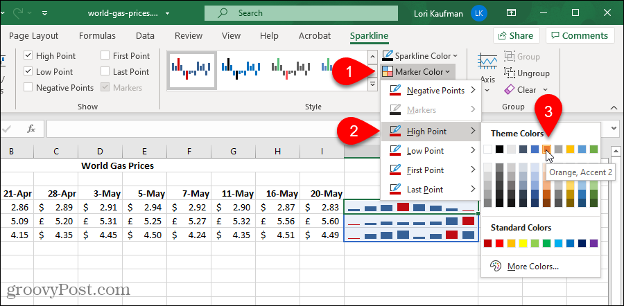 Изменение цвета маркера на диаграмме Excel Sparklines