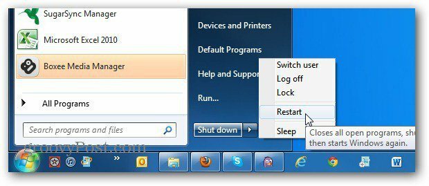 Измените кнопку питания в меню «Пуск» Windows 7, чтобы всегда перезагружать