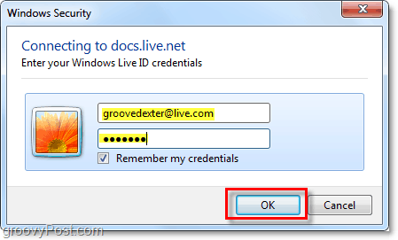 введите имя пользователя и пароль учетной записи Windows Live в Microsoft Office 2010
