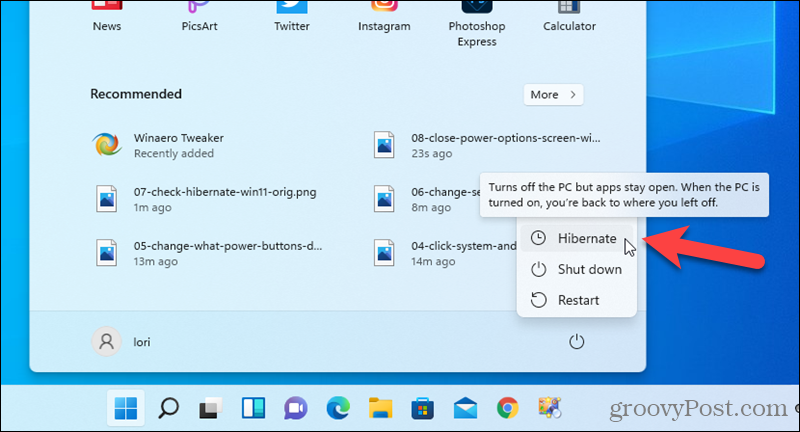 Параметр гибернации доступен в меню Пуск в Windows 11