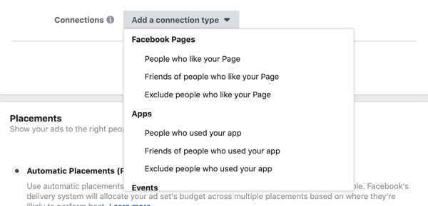 Добавьте параметры типа подключения для рекламной кампании Facebook.