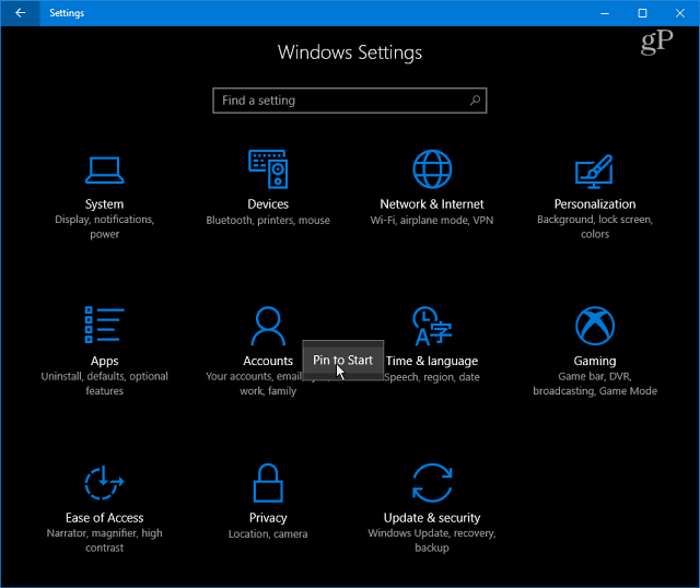 Категории настроек Windows 10