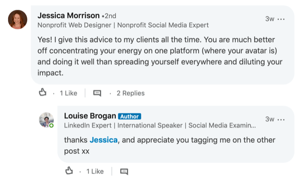 пример ответа на комментарий в сообщении LinkedIn