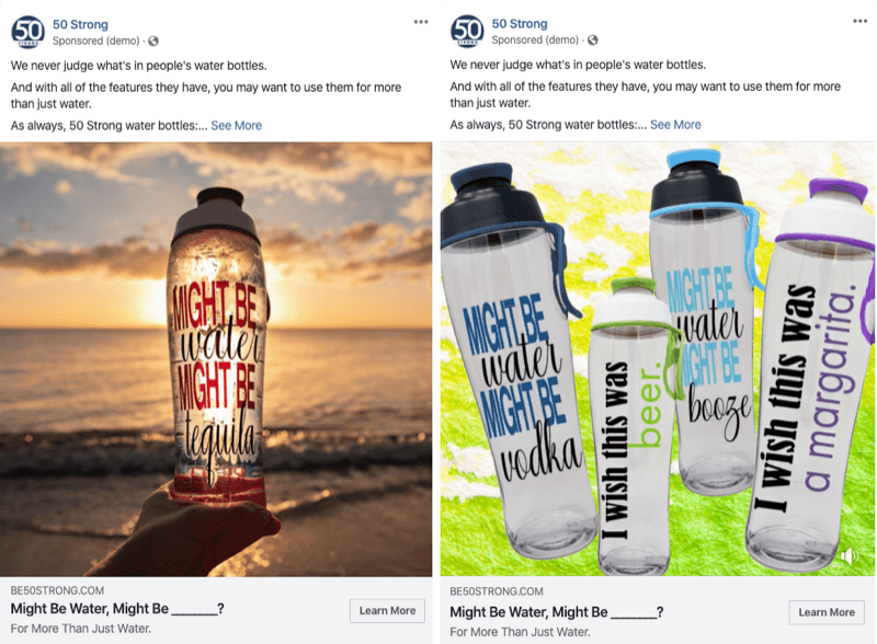 две рекламы в Facebook с разными изображениями для тестирования с помощью экспериментов в Facebook