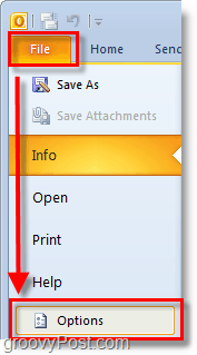 в Outlook 2010 используйте ленту файлов, чтобы открыть параметры