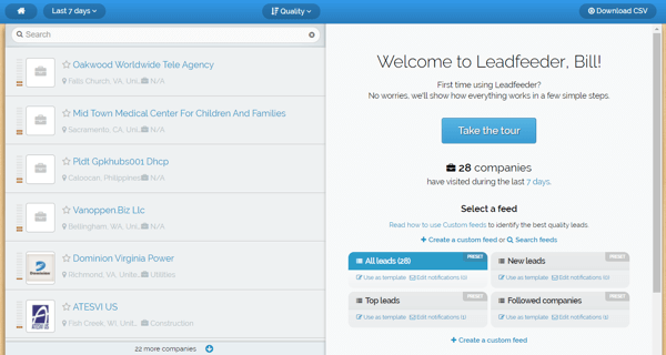 Leadfeeder предлагает бесплатную пробную версию, и вы увидите этот экран после регистрации.