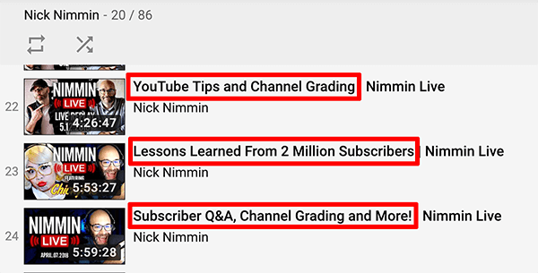 Это скриншот заголовков прямых трансляций YouTube с канала Ника Ниммина.