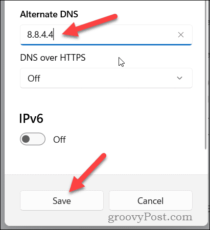 Установите альтернативные настройки DNS в Windows 11