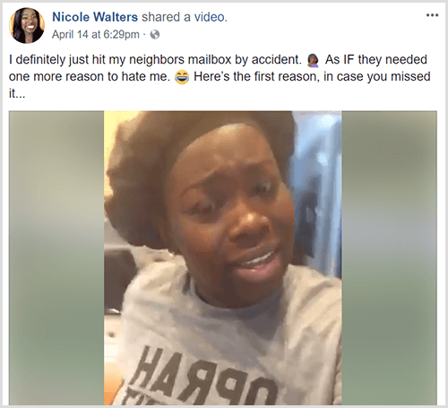 Николь Уолтерс опубликовала в Facebook видео с текстовым вступлением, в котором говорится, что она случайно попала в почтовый ящик своего соседа. На Николь черная повязка на голову и серая футболка.