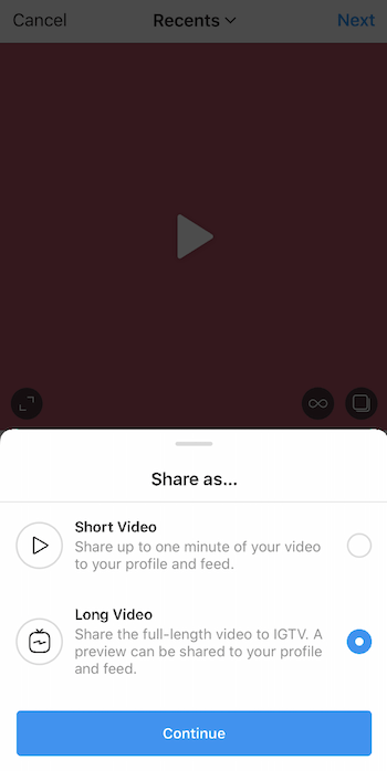 загрузка видео в instagram с раскрытым меню и выбором длинного видео