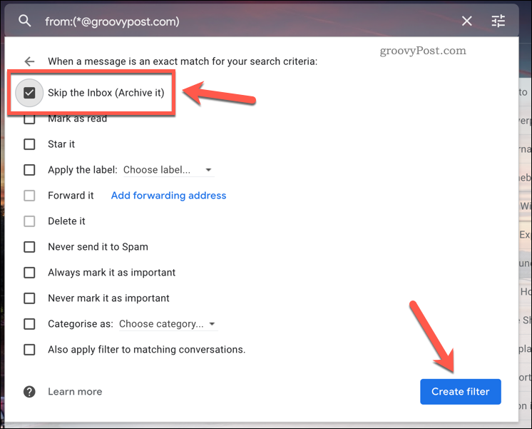 Пропуск правила фильтрации Gmail