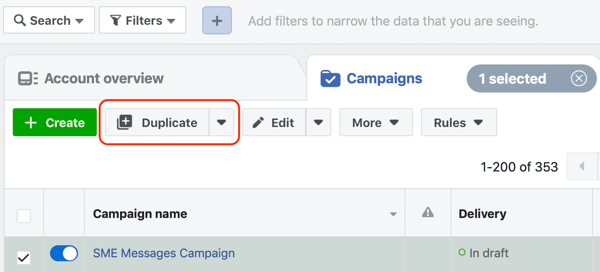 Как конвертировать посетителей сайта с помощью рекламы в Facebook Messenger, шаг 1, дублирующая кампания