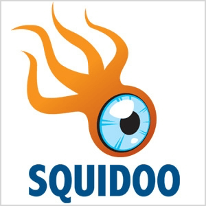 Это скриншот логотипа Squidoo, который представляет собой оранжевое существо с четырьмя щупальцами и большим голубым глазным яблоком.