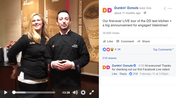 Dunkin Donuts использует видео в Facebook Live, чтобы привлечь внимание фанатов за кулисы.