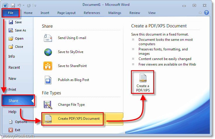 сохранить документ с помощью опции общего доступа в формате PDF в Office 2010