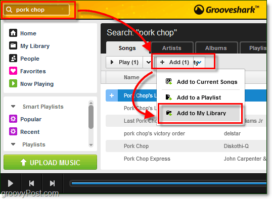 добавить найденные песни в музыкальную библиотеку Grooveshark