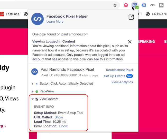 Facebook Pixel Helper, показывающий события просмотра страницы и просмотра контента
