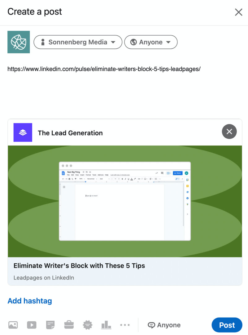 изображение диалогового окна «Создать публикацию» для отправки информационного бюллетеня LinkedIn