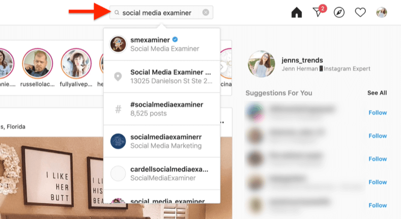 скриншот рабочего стола, показывающий поиск учетной записи Instagram с использованием условий поиска эксперта по социальным сетям