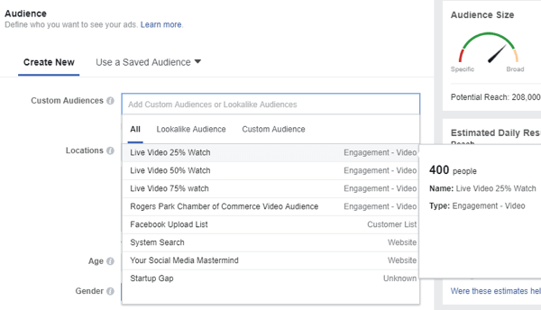 Когда вы выбираете аудиторию для своей рекламы на Facebook, обязательно выберите индивидуальную аудиторию людей, которые смотрели ваши живые видео.