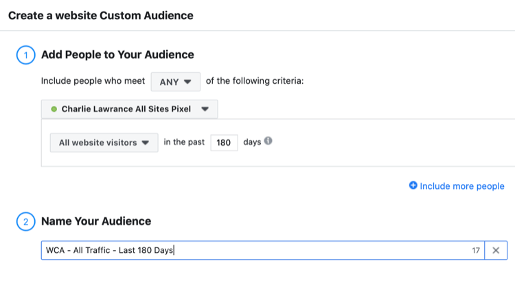 настроить пользовательскую аудиторию сайта Facebook для всех посетителей сайта за последние 180 дней