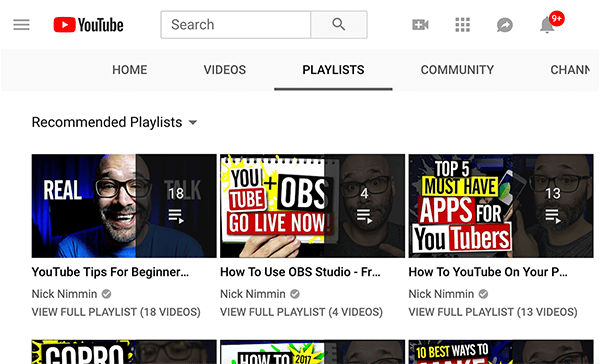 Это скриншот плейлистов на канале Ника Ниммина на YouTube. Показанные плейлисты называются слева направо: "Советы YouTube для начинающих", "Как использовать OBS Studio" и "Как YouTube на вашем ..." .”
