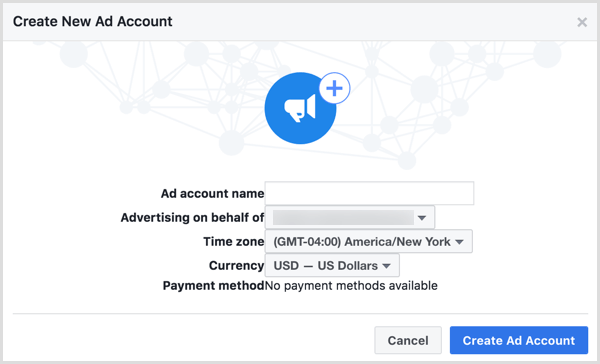Используйте название своей компании, когда вас попросят указать название вашей новой рекламной учетной записи Facebook.