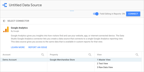Выберите учетную запись Google Analytics, ресурс и представление, которые вы хотите использовать.