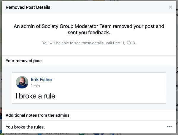 Похоже, что группы Facebook дают администраторам возможность сообщить причину удаления публикации тому, кто ее разместил.