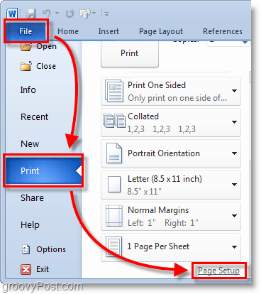 Снимок экрана Micosoft Word 2010, выберите файл> меню печати на заднем плане и затем нажмите «Настройка страницы в Word 2010».