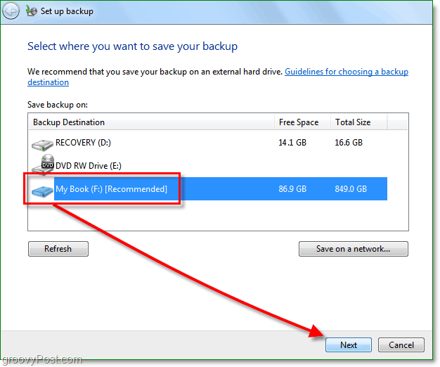 Windows 7 Backup - выберите место для резервной копии