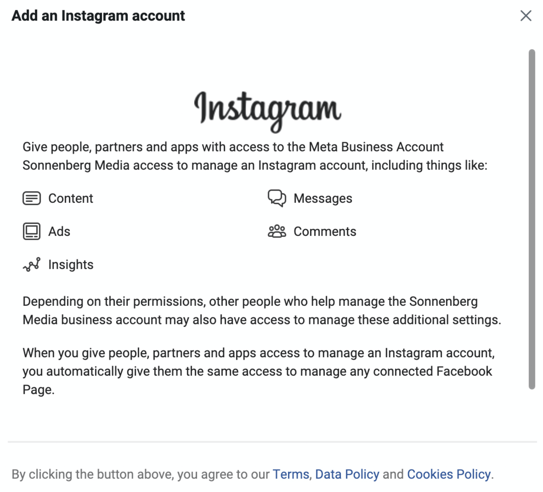 изображение экрана добавления учетной записи Instagram в Meta Business Manager