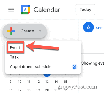 Скриншот варианта создания события в Календаре Google