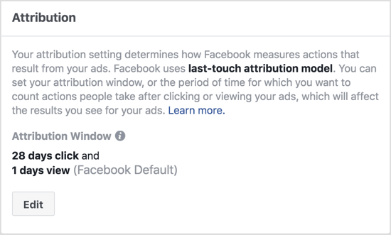 Настройки окна атрибуции Facebook по умолчанию показывают действия, предпринятые в течение 1 дня после просмотра вашей рекламы и в течение 28 дней после нажатия на нее. 