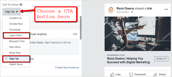 Выберите кнопку призыва к действию для своей рекламной кампании в Facebook.