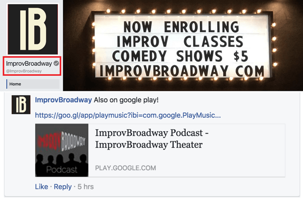 Обратите внимание, что на странице ImprovBroadway в Facebook есть серая галочка рядом с ее названием вверху; однако он не отображается рядом с именем в сообщениях или комментариях.