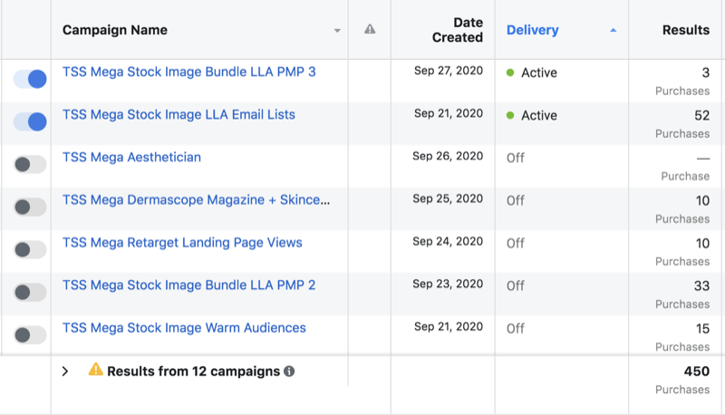 пример наборов данных кампании facebook, показывающий 2 активных набора, включая версию 3 определенного набора объявлений, а 5 неактивных, включая версию 2 указанного набора объявлений