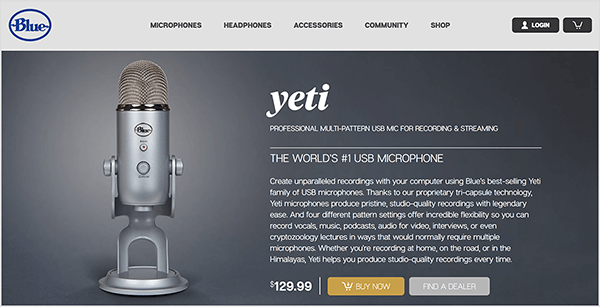 Dusty Porter рекомендует установить USB-микрофон, например Blue Yeti. На синей странице продаж микрофона Yeti на темно-сером фоне появляется изображение хромированного микрофона на подставке. Цена указана как 129,00 $.