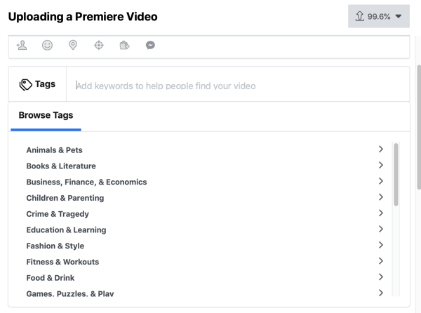 Как настроить Facebook Premiere, шаг 4, теги видео