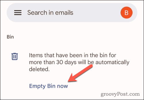 Опция очистки корзины в Gmail на мобильном устройстве