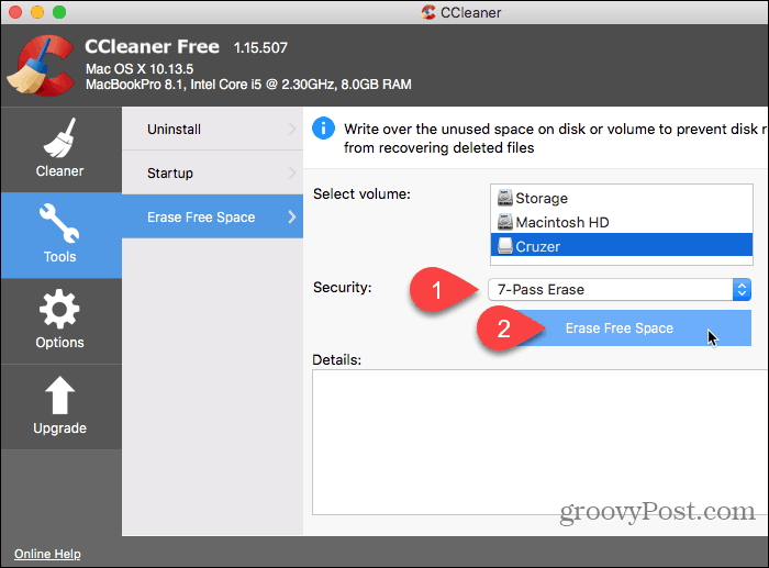 Выберите Security и нажмите Erase Free Space в CCleaner.