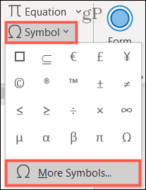 Символ, другие символы в Word в Windows
