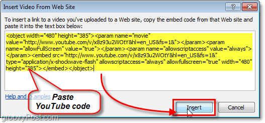 Видео YouTube Вставьте код PowerPoint 2010