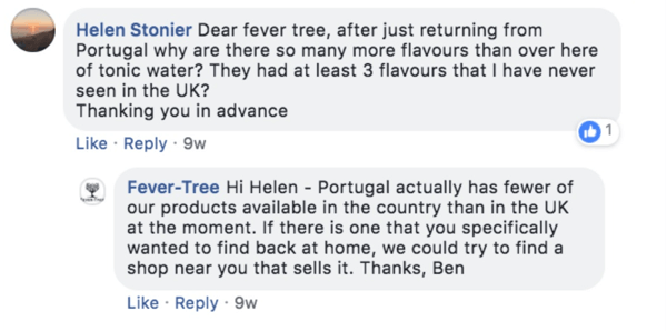 Пример ответа Fever-Tree на вопрос клиента в публикации в Facebook.