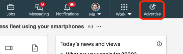 снимок экрана кнопки "Реклама" в LinkedIn